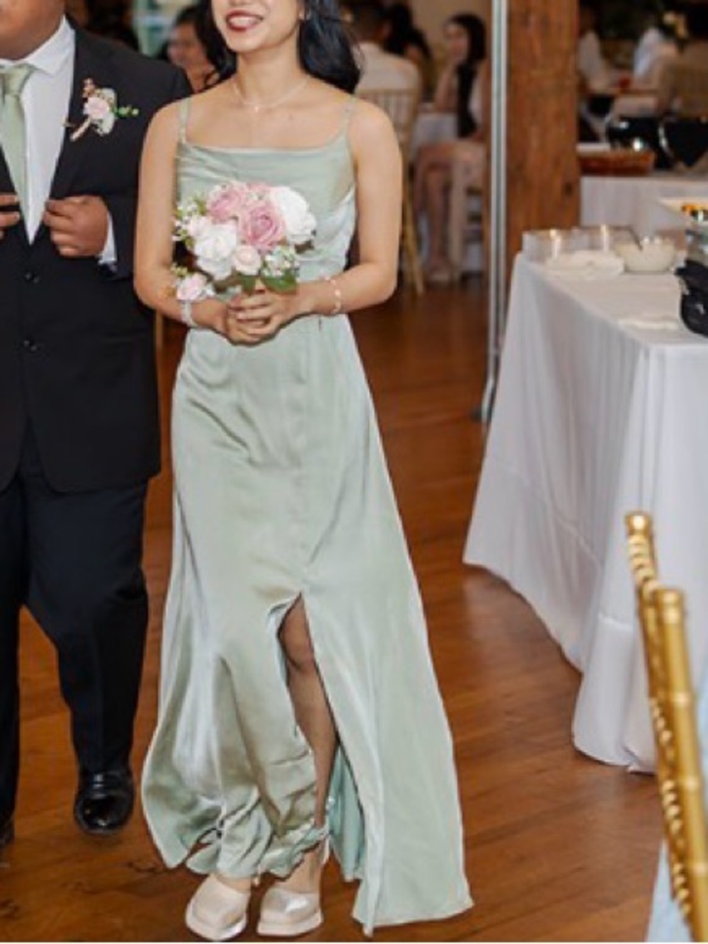 STACEES: Sage Green Satin Midi Dress with Cowl Neck & Slit